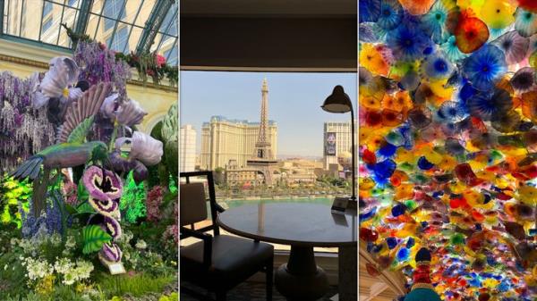 From left: Bellagio Co<em></em>nservatory & Botanical Gardens, a room view and Chihuly glass ceiling.