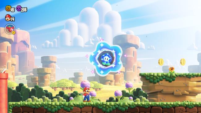 Mario staring up at the wo<em></em>nder flower in the middle of the image.