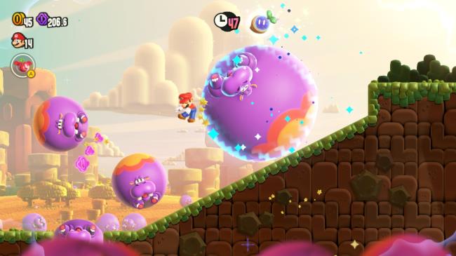 Mario running away from a giant hoppo that is holding the wo<em></em>nder seed.