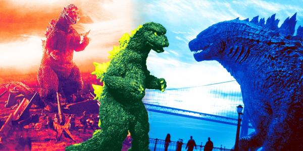 Various iterations of Godzilla, with the Mo<em></em>nsterVerse version and original version towering over cities