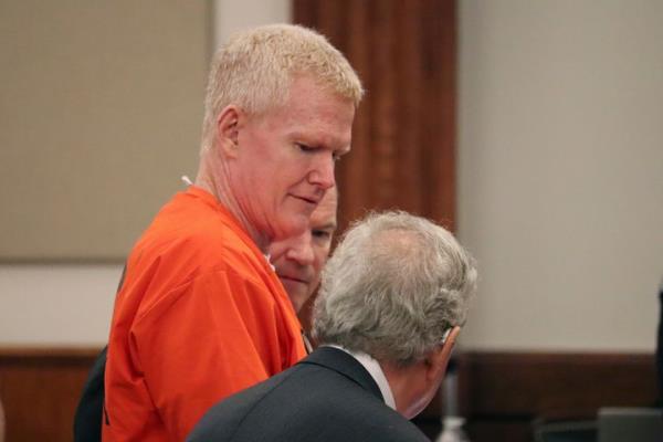 Co<em></em>nvicted murderer Alex Murdaugh speaks with his defense attorney, Dick Harpootlian, in Beaufort, South Carolina, on Nov. 17, 2023.