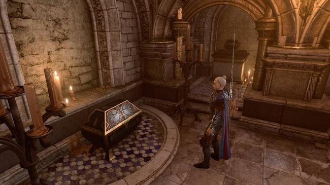 a large chest at the end of a room in the Stormshore Tabernacle ba<em></em>sement