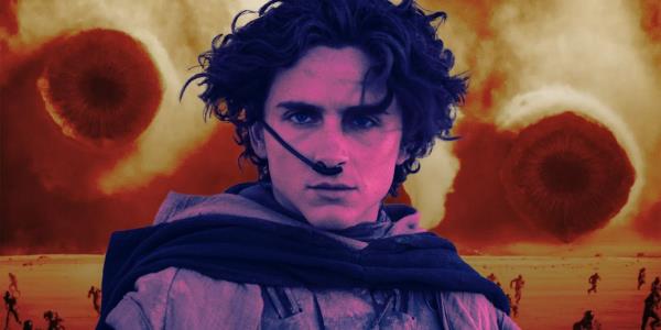 An edit of Timothee Chalamet as Paul Atreides with sandworms behind him attacking Harko<em></em>nnen soldiers in Dune 2