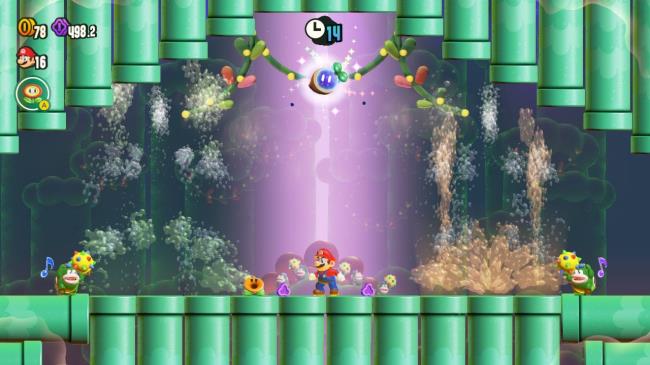 Mario standing on pipes, surrounded by pipes on all sides. A wo<em></em>nder seed and a timer with 14 seco<em></em>nds left are at the top of the screen.