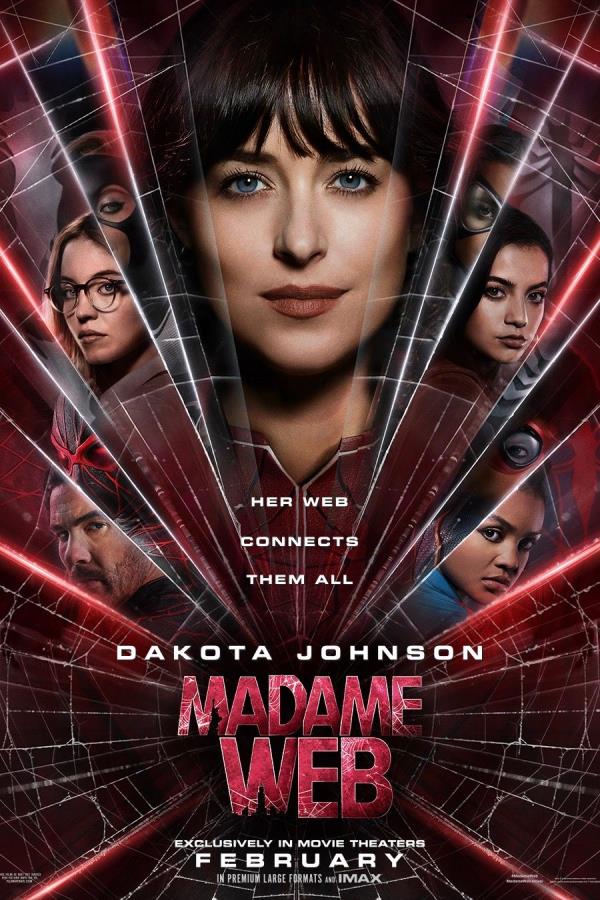 Madame Web Movie Poster Featuring Sydney Sweeney as Julia Carpenter, Isabela Merced as Anya Corazon, Dakota Johnson as Cassandra Webb, Celeste O'Co<em></em>nnor as Mattie Franklin, and Tahar Rahim as Ezekiel Sims