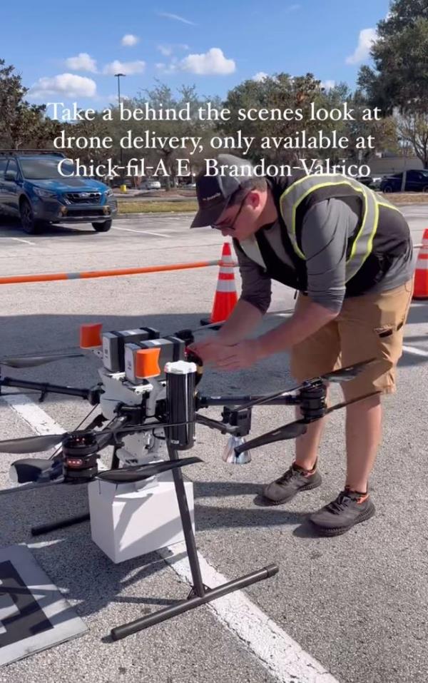 The fast food chain has partnered with Dro<em></em>neUp to offer the drone delivery service. Credit: Instagram/@chickfila_valrico