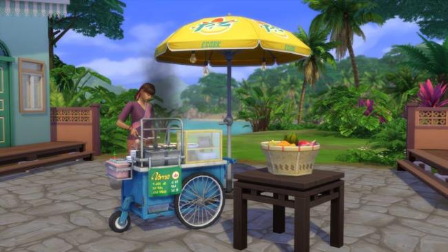 Pre release co<em></em>ntent grill, umbrella shade and fruit basket being used by a Sim.