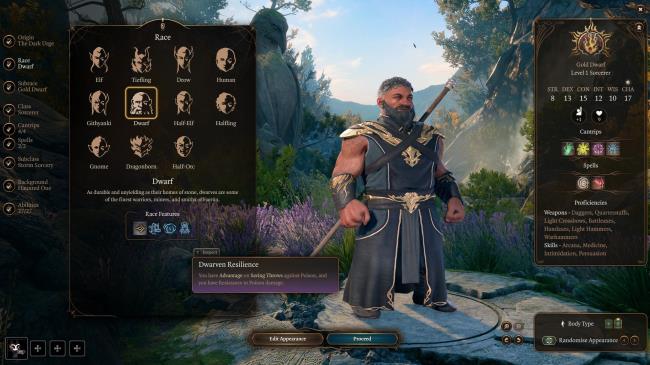 Character Selection Menu Of A Gold Dwarf Hovering Over Dwarven Resilience Feat In Baldur's Gate 3