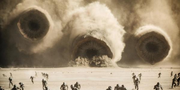 Harko<em></em>nnen sooldiers running away from sandworms in Dune Part 2