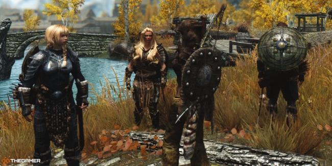 Skyrim - drago<em></em>nborn and followers wearing shields on their backs