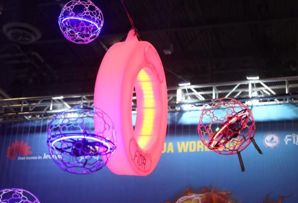 A red drone scores during an exhibition drone soccer match at CES 2024, an annual co<em></em>nsumer electro<em></em>nics trade show, in Las Vegas, Nevada. — Reuters